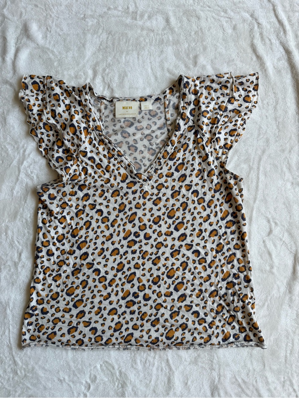 Maeve Leopard Print Flutter Sleeve V-Neck Top - Tan/Black